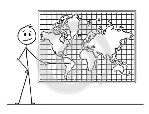 Cartoon of Man Pointing at South America Continent on Wall World Map