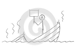 Cartoon of Man, Politician or Businessman Standing Depressed on Sinking Boat With Empty Sign
