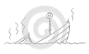 Cartoon of Man, Politician or Businessman Standing Depressed on Sinking Boat