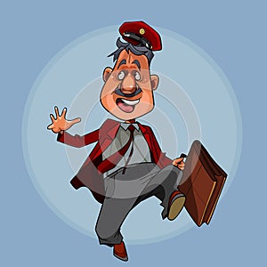 Cartoon man in a postman clothes with a briefcase in his hand runs away in fright