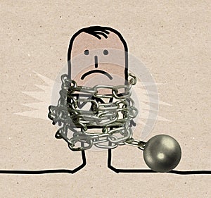 Cartoon Man prisoner of a Metal Chain and Ball