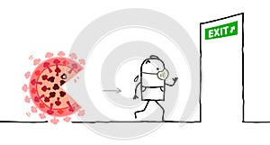 Cartoon man with protection mask , chased by a big Virus monster, running to the exit door