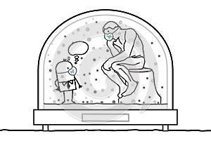 Cartoon man with Protection Mask, Contained in a Snow-Dome, meeting the Rodin`s Thinker photo