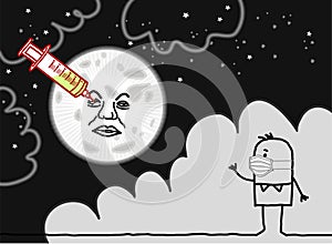 Cartoon Man with Protection Mask, watching a famous Moon imitation, with big Syringe and Vaccine in the Eye