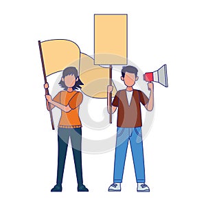 Cartoon man protestating holding a megaphone and woman holding a blank sign, colorful design