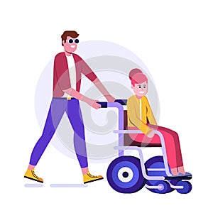 Cartoon Man Pushing Disabled Woman on Wheelchair