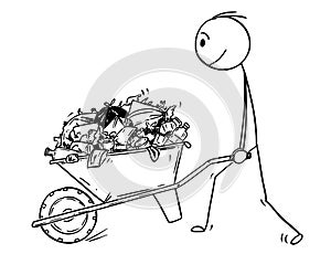 Cartoon of Man pushing Wheelbarrow Full of Garbage