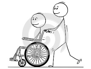 Cartoon of Man Pushing a Wheelchair With Disabled Man