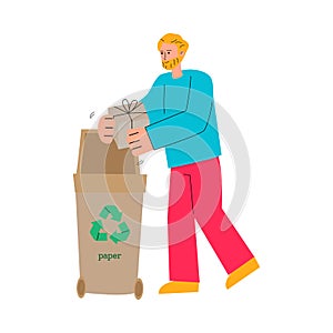 Cartoon man putting cardboard gift box in paper recycling bin