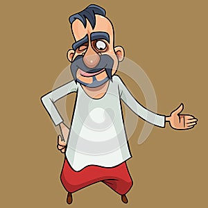 Cartoon man in red trousers with a long mustache and a forelock on his head