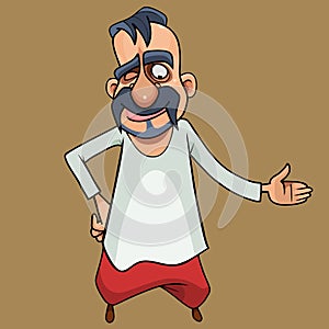 Cartoon man in red trousers with a long mustache and a forelock on his head photo