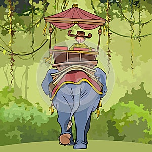 Cartoon man rides a seat on an elephant