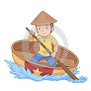 Cartoon man rowing a basket boat.