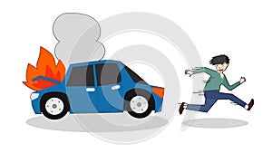 Cartoon man running away from the car. Accident caused the front to collapse and emit smoke and smoke from the engine.