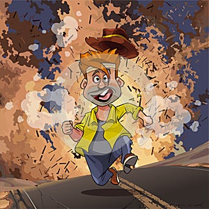 Cartoon man running away from an explosion on the highway