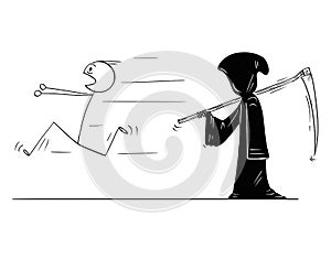 Cartoon of Man Running Away From Grim Reaper or Death with Scythe