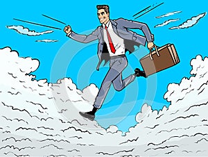 A Cartoon Of A Man Running With A Briefcase - Super businessman is flying with his briefcase