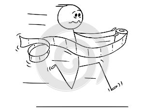 Cartoon of Man Running in Panic to Toilet or Bathroom or Lavatory With Toilet Paper in Hand