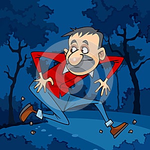 Cartoon man runs away in the night forest