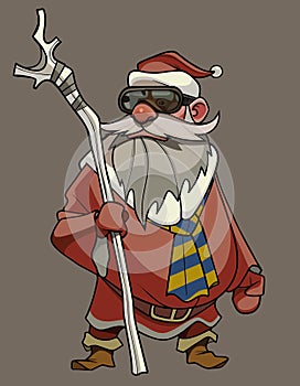 Cartoon man in santa claus clothes stands with a staff in his hand