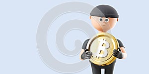 Cartoon man scammer with a bitcoin in hands, copy space