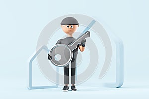 Cartoon man scammer with a house key in hands, blue background