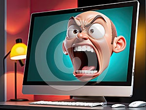 Cartoon man screaming from computer