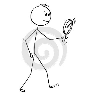 Cartoon of Man Searching With Magnifying Glass or Magnifier