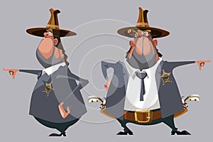Cartoon man sheriff in a hat stands in front and side