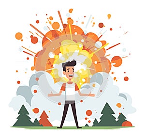 Cartoon man shocked by explosion in the background. Happy male with surprised expression, outdoors with trees