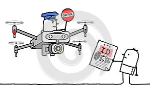 Cartoon man showing his identity card to a cop riding a drone