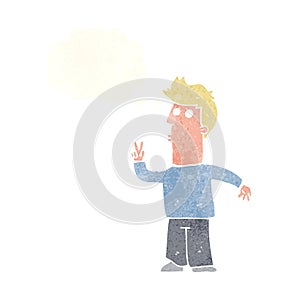 cartoon man signalling with hand with thought bubble