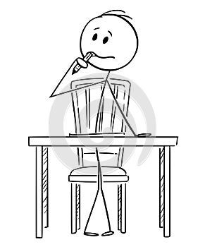 Cartoon of man Sitting Behind Desk and Thinking with Pencil in Mouth