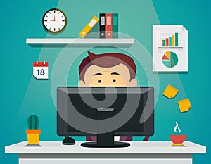 Cartoon man sitting on computer. Vector concept