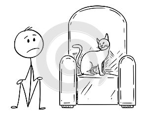 Cartoon of Man Sitting on Ground Because a Cat is Occupying the Armchair