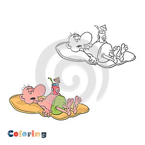 Cartoon man sleeping on an air mattress and holding a beach cocktail in his hand. Vector illustration in the form of coloring and