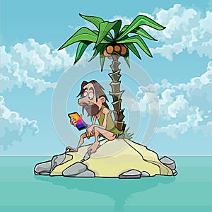 Cartoon man with smartphone on a small uninhabited island