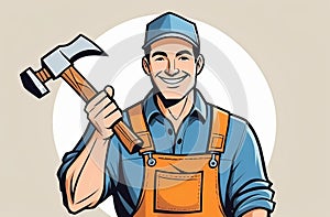 A cartoon man is smiling and holding a hammer over his shoulder with one hand