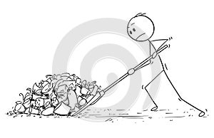 Cartoon of Man with Snow Pusher Shoveling the Plastic Waste photo