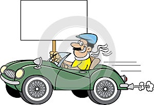 Cartoon man in a sports car holding a sign.