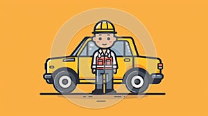 A cartoon man standing next to a car with yellow background, AI