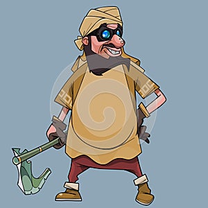 Cartoon man in steelmaker glasses with an antique ax in his hand