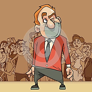 Cartoon man in a suit considers in his mind standing in front of a crowd of people