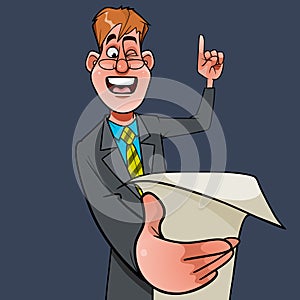 Cartoon man in a suit and glasses happily reading from a piece of paper