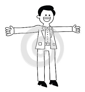 Cartoon man in suit open hands and happy, vector illustration