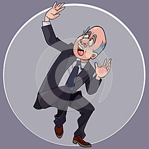 Cartoon man in a suit with a tie crouches in fright