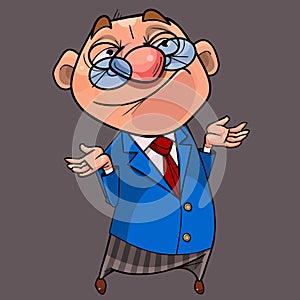 Cartoon man in suit with tie and eyeglasses smirks and shrugs