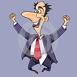 Cartoon man in a suit and tie jumped up and rejoices photo