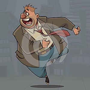 Cartoon man in a suit with a tie runs away and screams