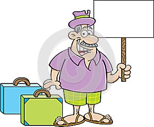 Cartoon man with suitcases holding a sign.